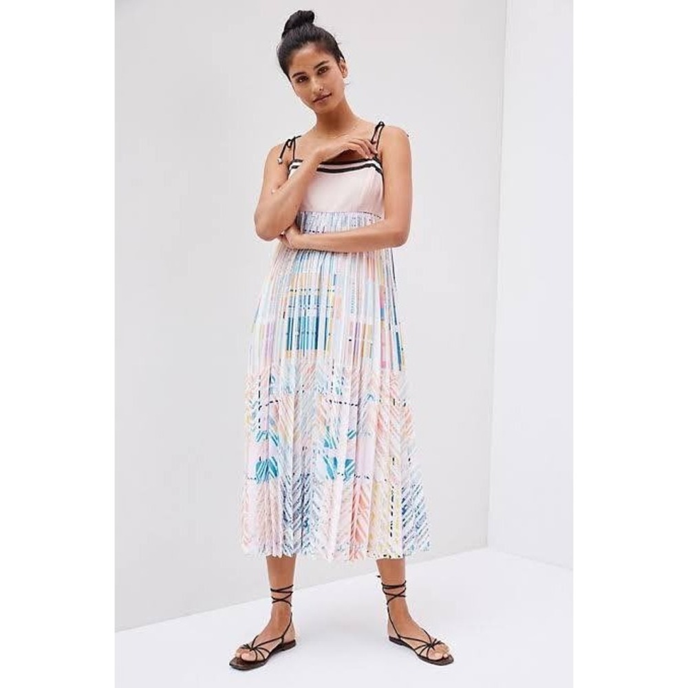 Geisha Designs Pleated Abstract Midi Dress Large Pink Multicolor